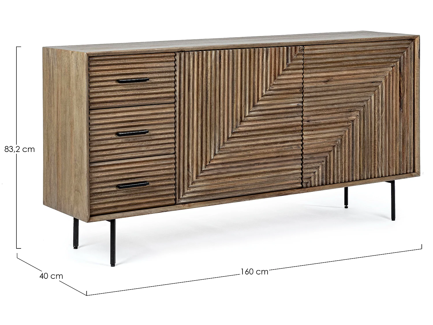 Buffet 2 portes 3 tiroirs en bois massif naturel de manguier Dary 160cm