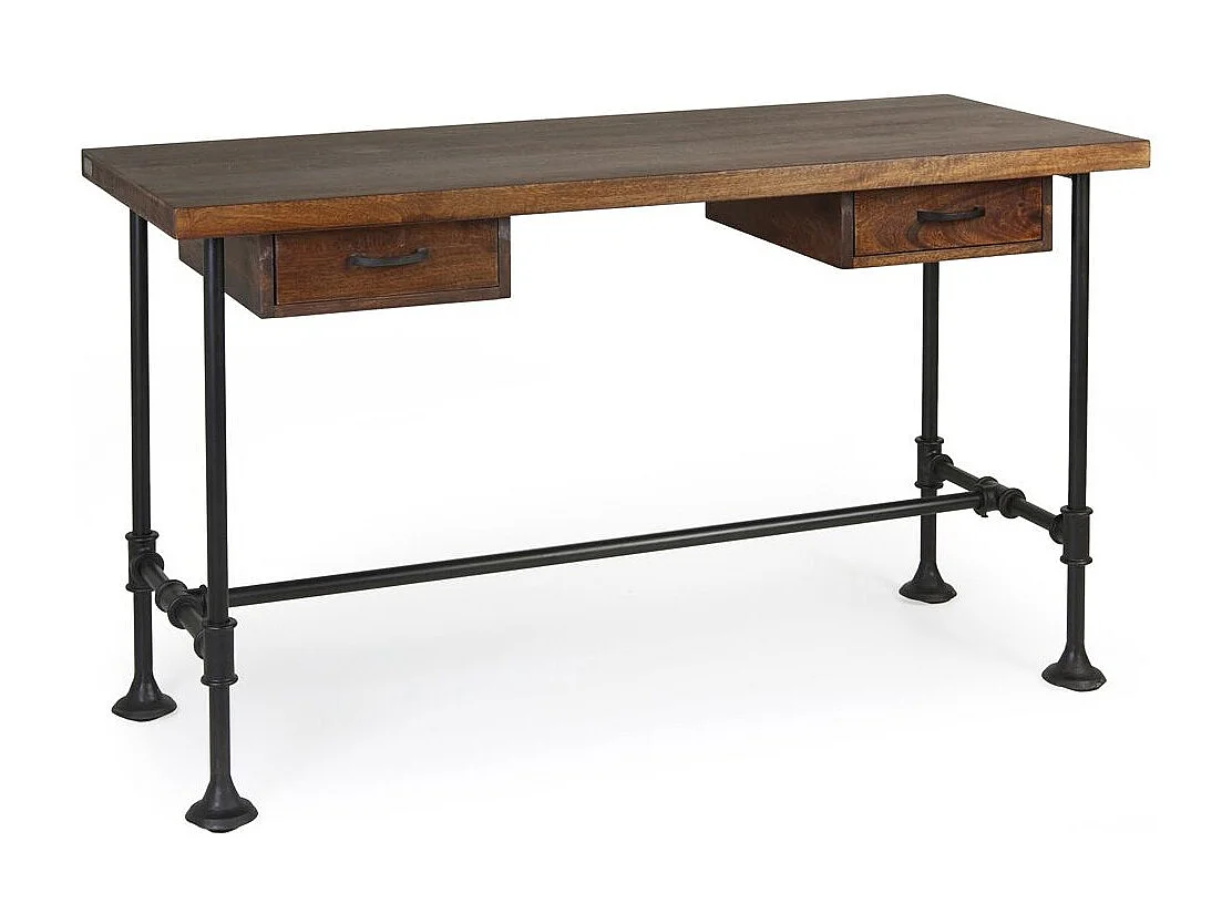 Bureau industriel 2 tiroirs fer noir et bois de manguier marron Kouba 135cm