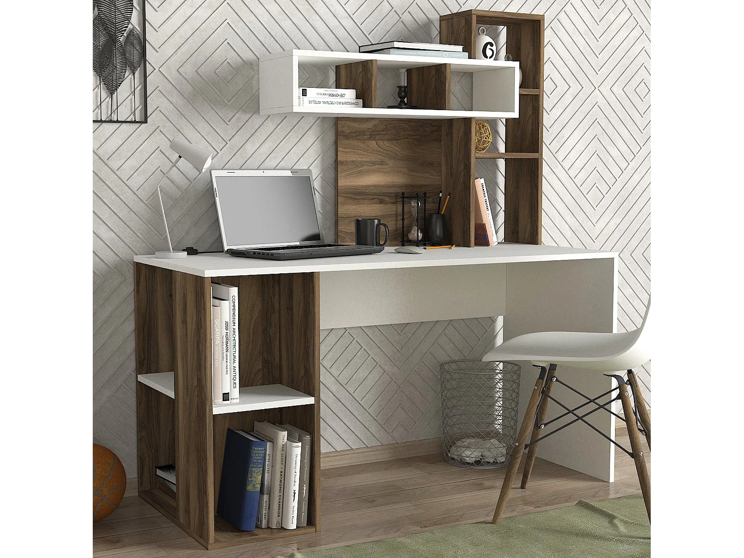 Mesa de oficina Kailua 296, 75x140x60cm, Nuez|Blanco