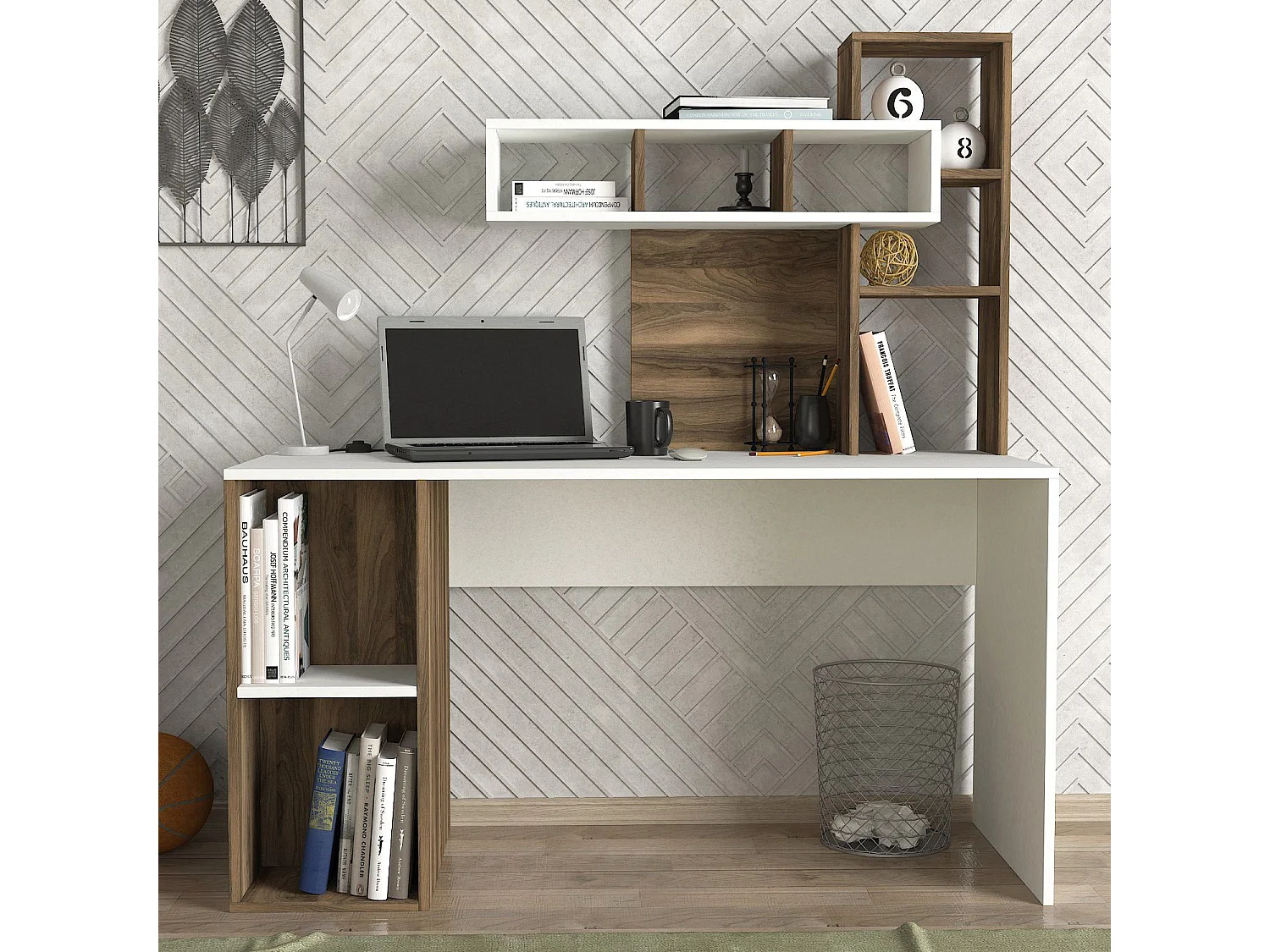Mesa de oficina Kailua 296, 75x140x60cm, Nuez|Blanco