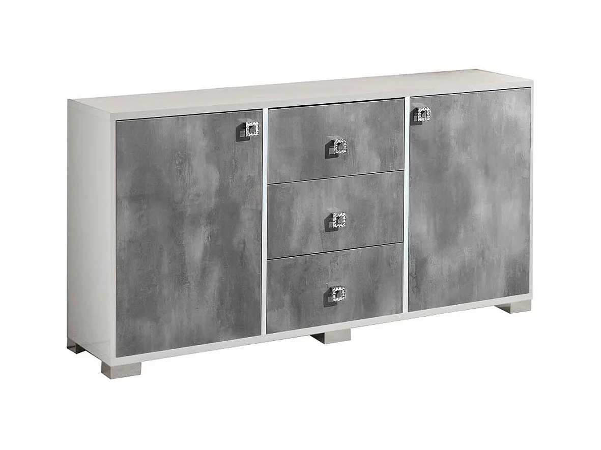 Buffet moderne 2 portes 3 tiroirs gris béton et blanc brillant Sting 160cm