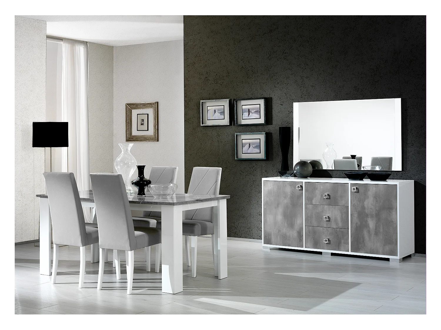 Buffet moderne 2 portes 3 tiroirs gris béton et blanc brillant Sting 160cm