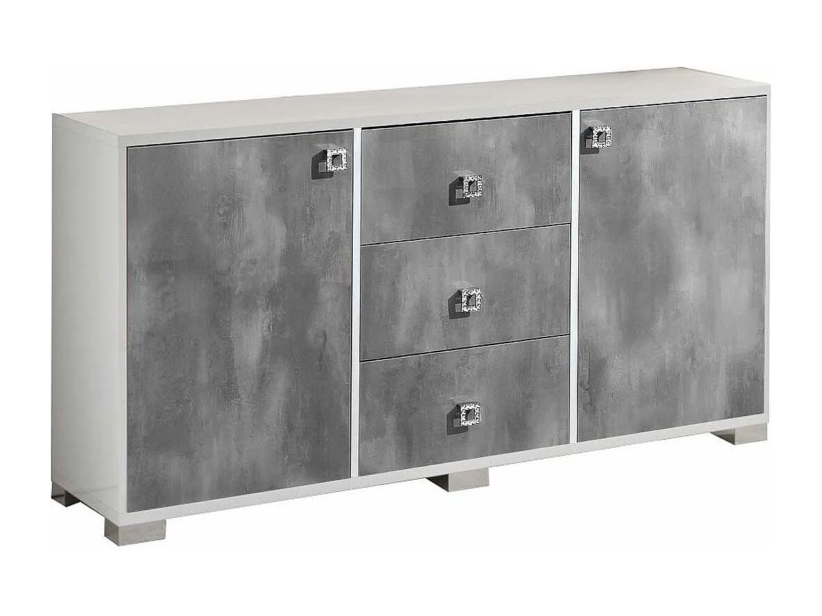 Buffet moderne 2 portes 3 tiroirs gris béton et blanc brillant Sting 160cm