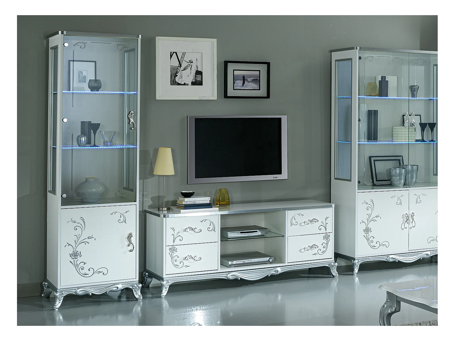 Bahut haut à LED 1 porte bois laqué blanc et argent Dannie