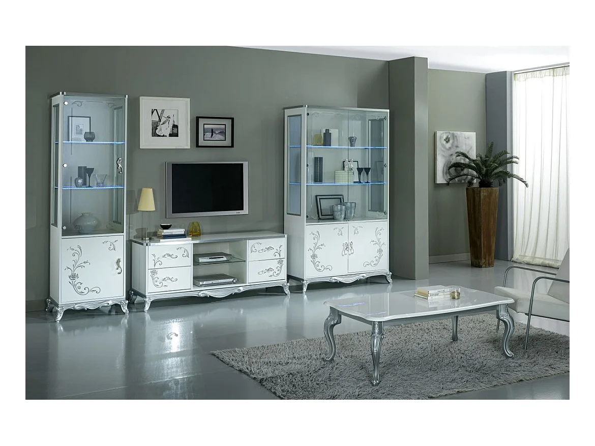 Bahut haut à LED 1 porte bois laqué blanc et argent Dannie