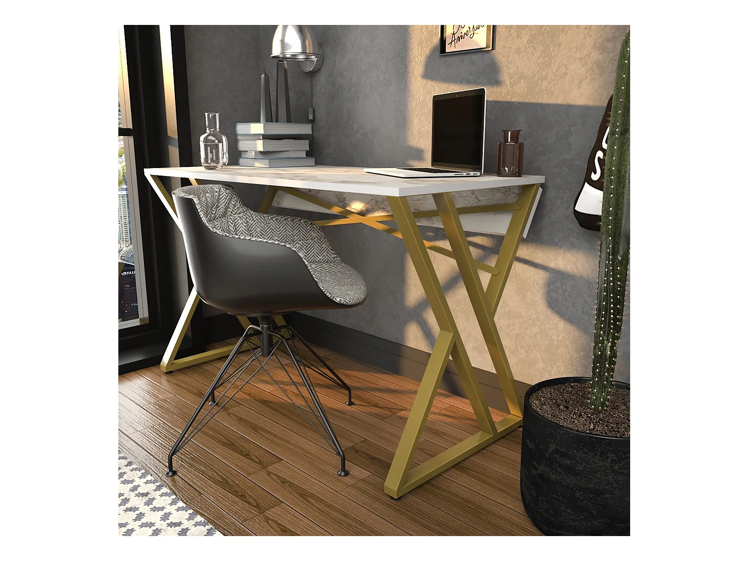 Bureau style industriel Powa 120cm Or et Blanc Effet marbre