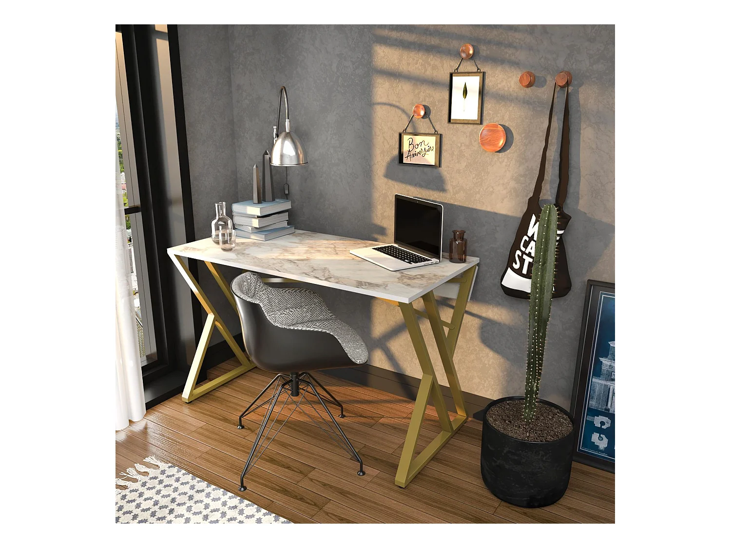 Bureau style industriel Powa 120cm Or et Blanc Effet marbre