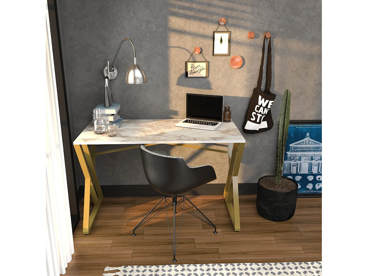 Bureau style industriel Powa 120cm Or et Blanc Effet marbre