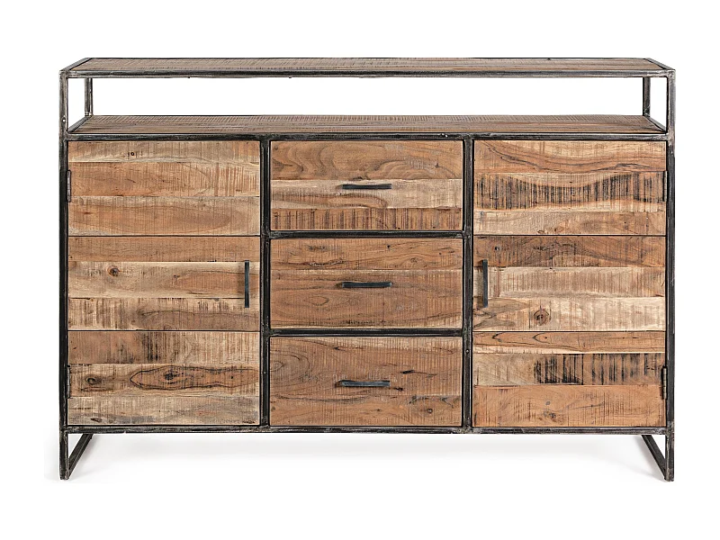 Buffet 2 portes 3 tiroirs bois d'acacia clair et acier vieilli Kadone 150cm