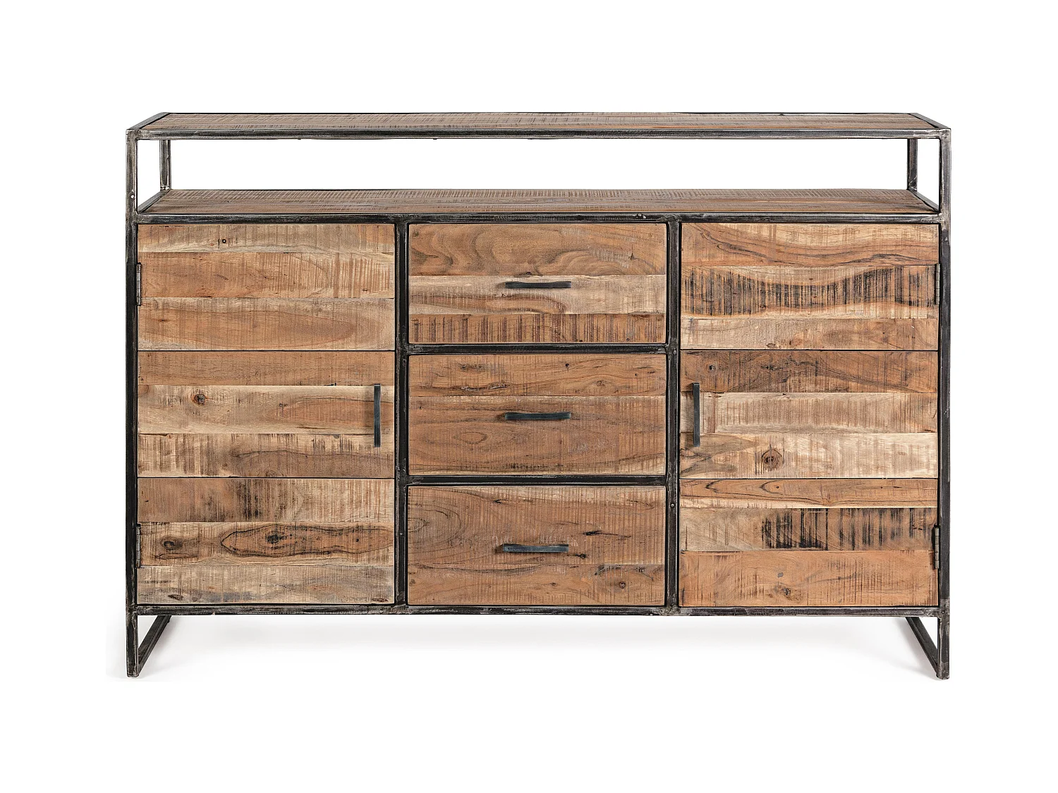 Buffet 2 portes 3 tiroirs bois d'acacia clair et acier vieilli Kadone 150cm
