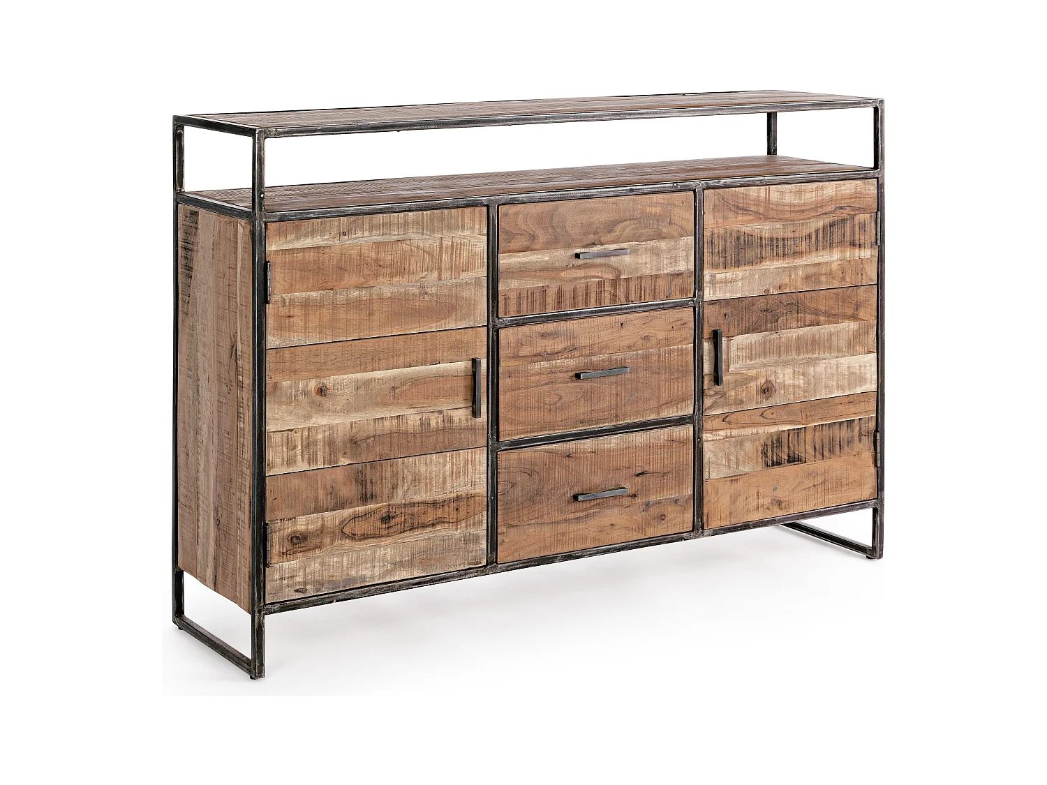 Buffet 2 portes 3 tiroirs bois d'acacia clair et acier vieilli Kadone 150cm