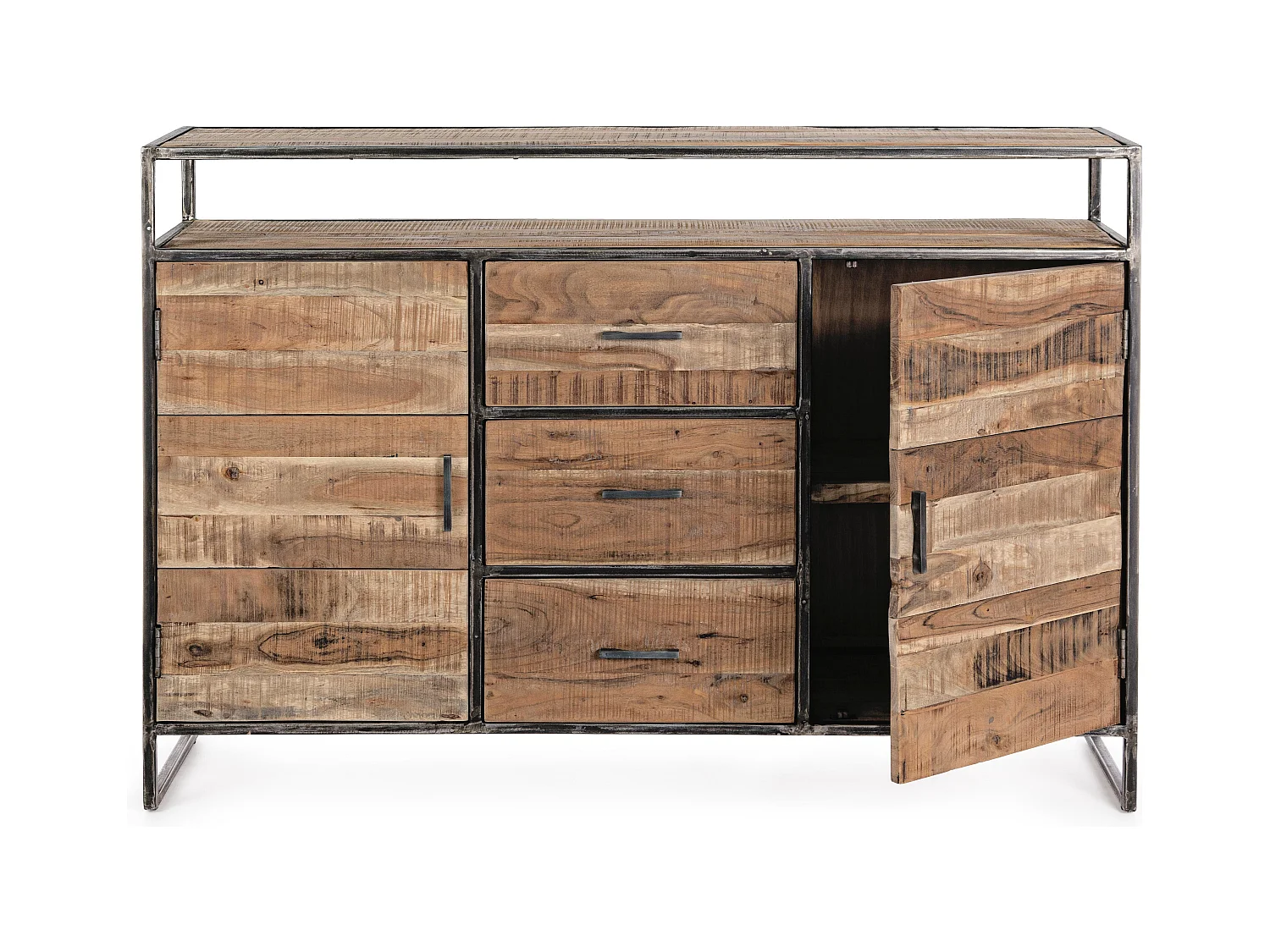 Buffet 2 portes 3 tiroirs bois d'acacia clair et acier vieilli Kadone 150cm