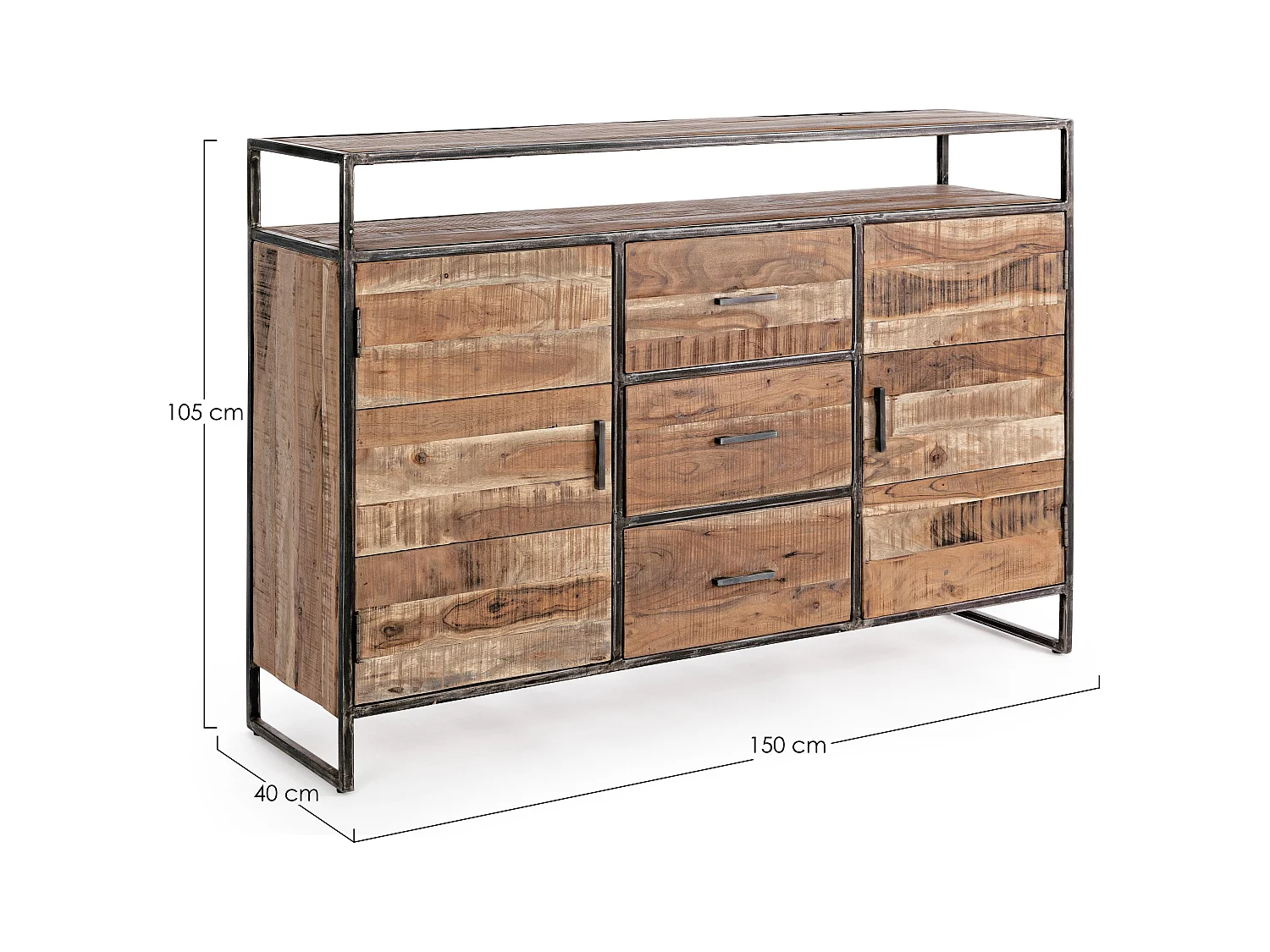 Buffet 2 portes 3 tiroirs bois d'acacia clair et acier vieilli Kadone 150cm