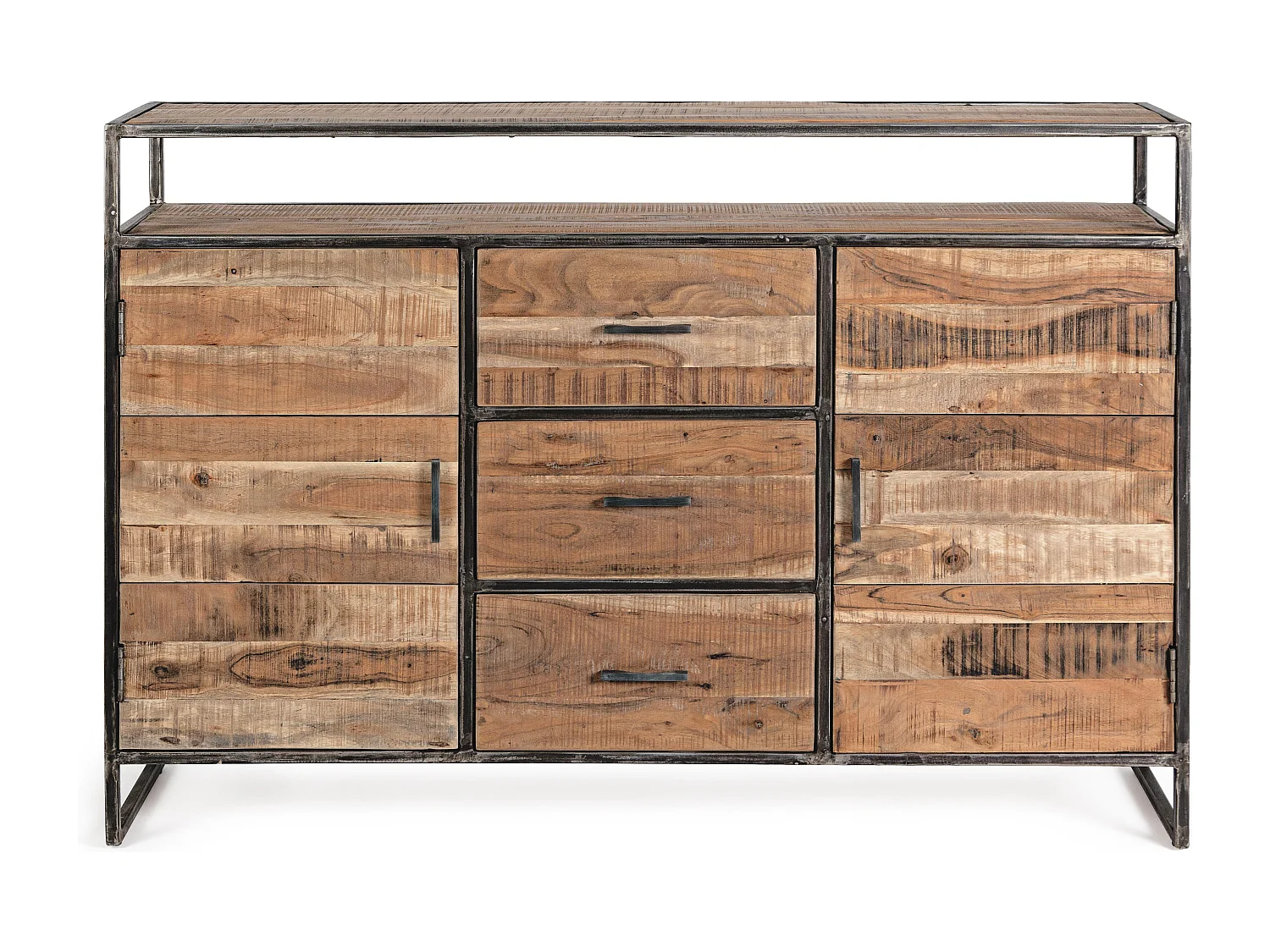 Buffet 2 portes 3 tiroirs bois d'acacia clair et acier vieilli Kadone 150cm