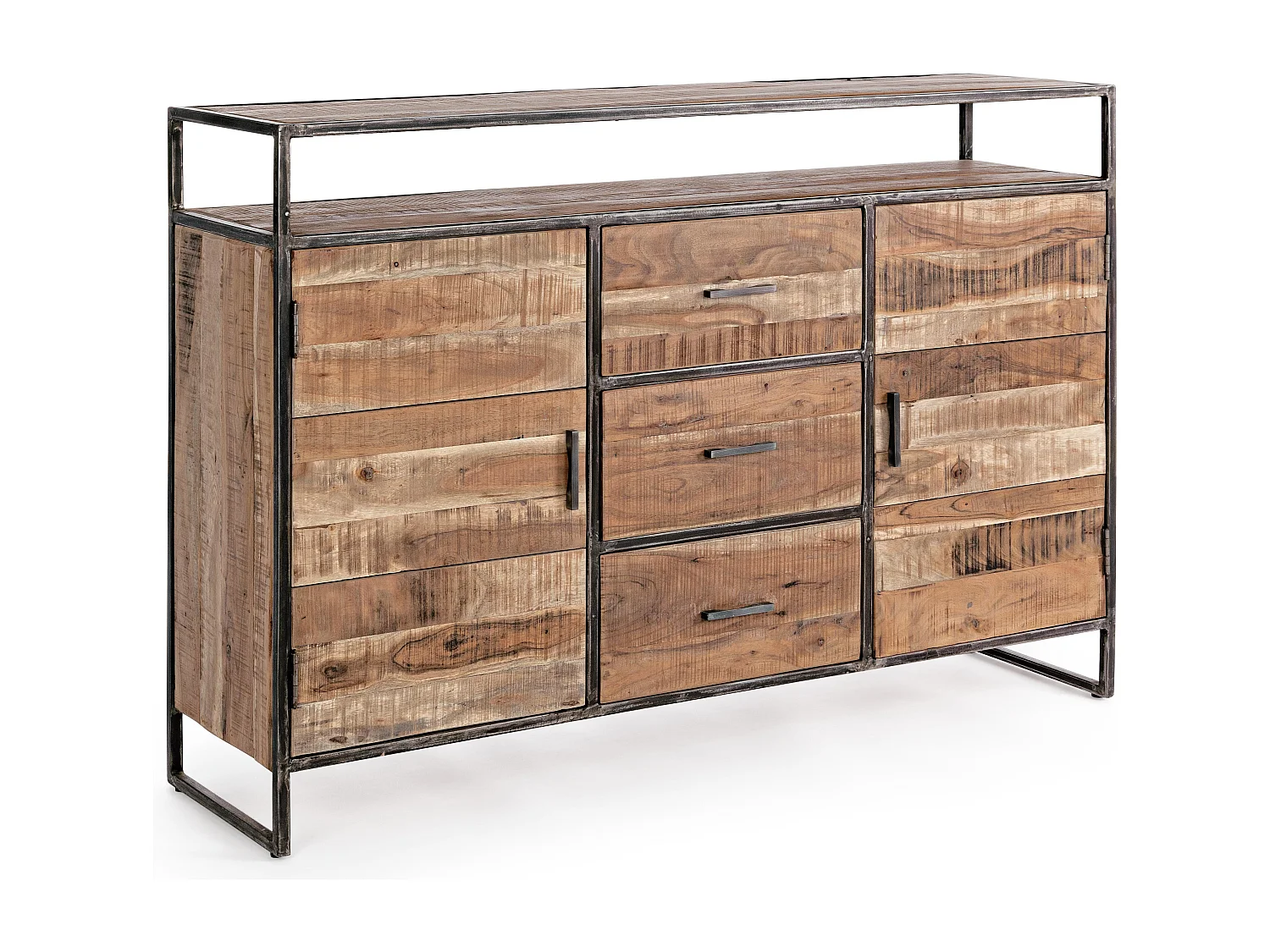 Buffet 2 portes 3 tiroirs bois d'acacia clair et acier vieilli Kadone 150cm