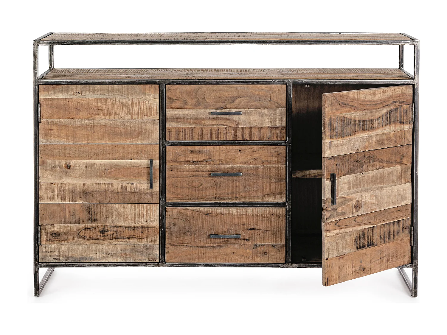 Buffet 2 portes 3 tiroirs bois d'acacia clair et acier vieilli Kadone 150cm