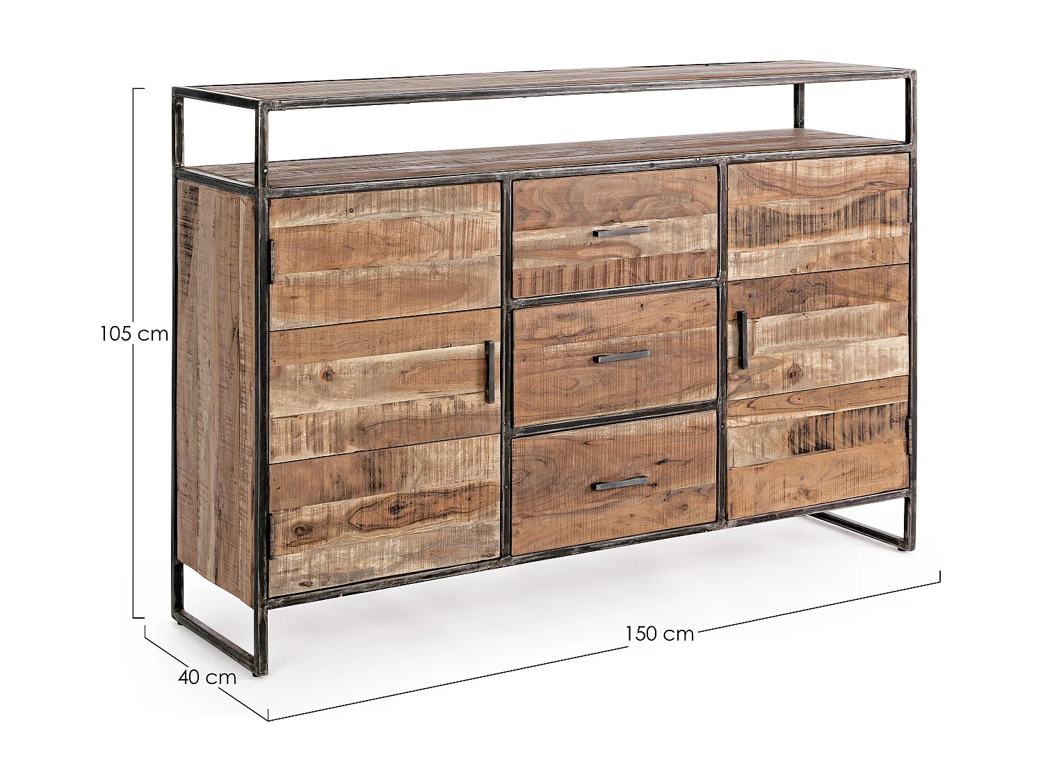 Buffet 2 portes 3 tiroirs bois d'acacia clair et acier vieilli Kadone 150cm