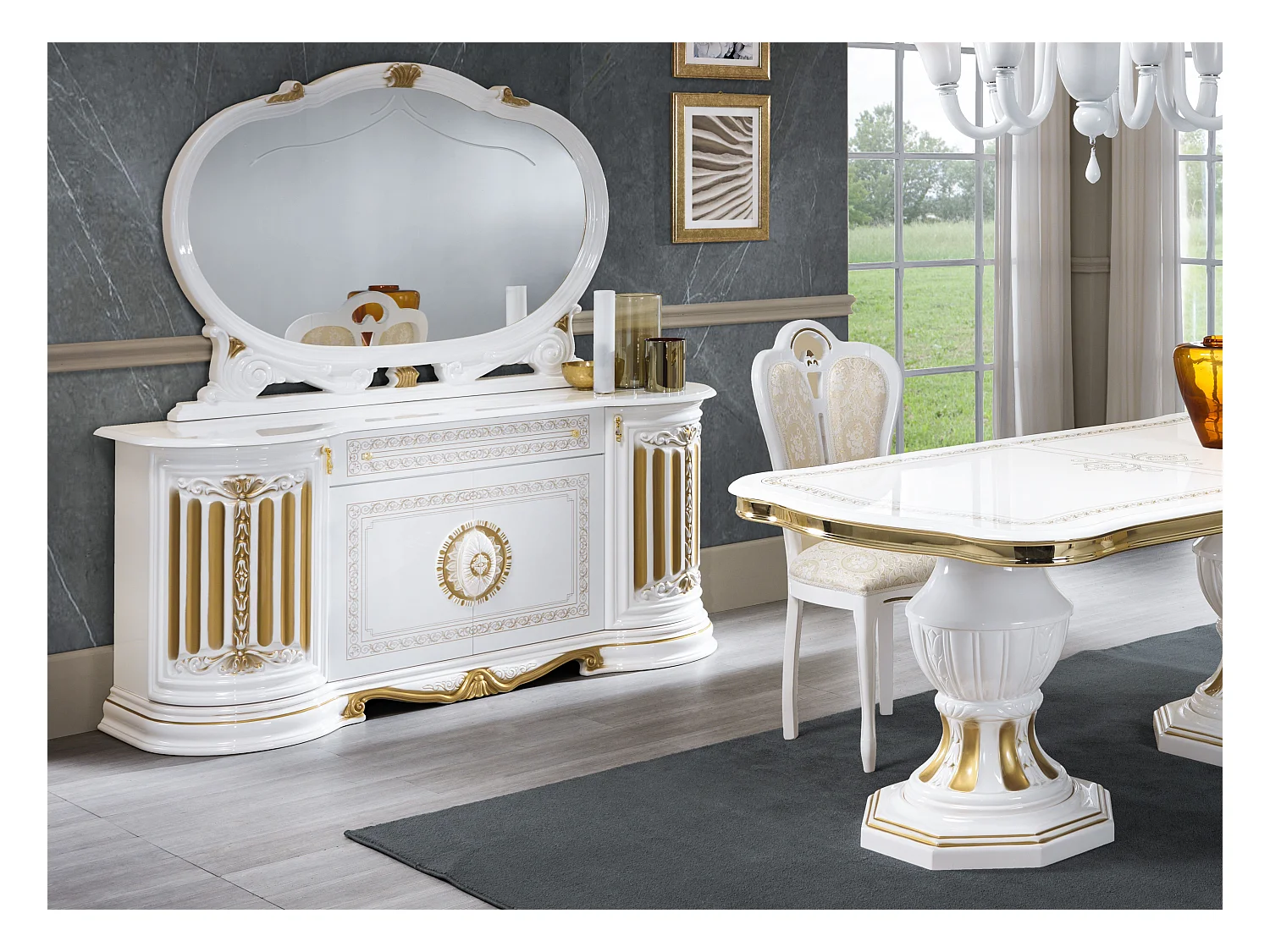 Buffet 4 portes 1 tiroir bois laqué vernis laqué brillant et doré Lesly 168cm