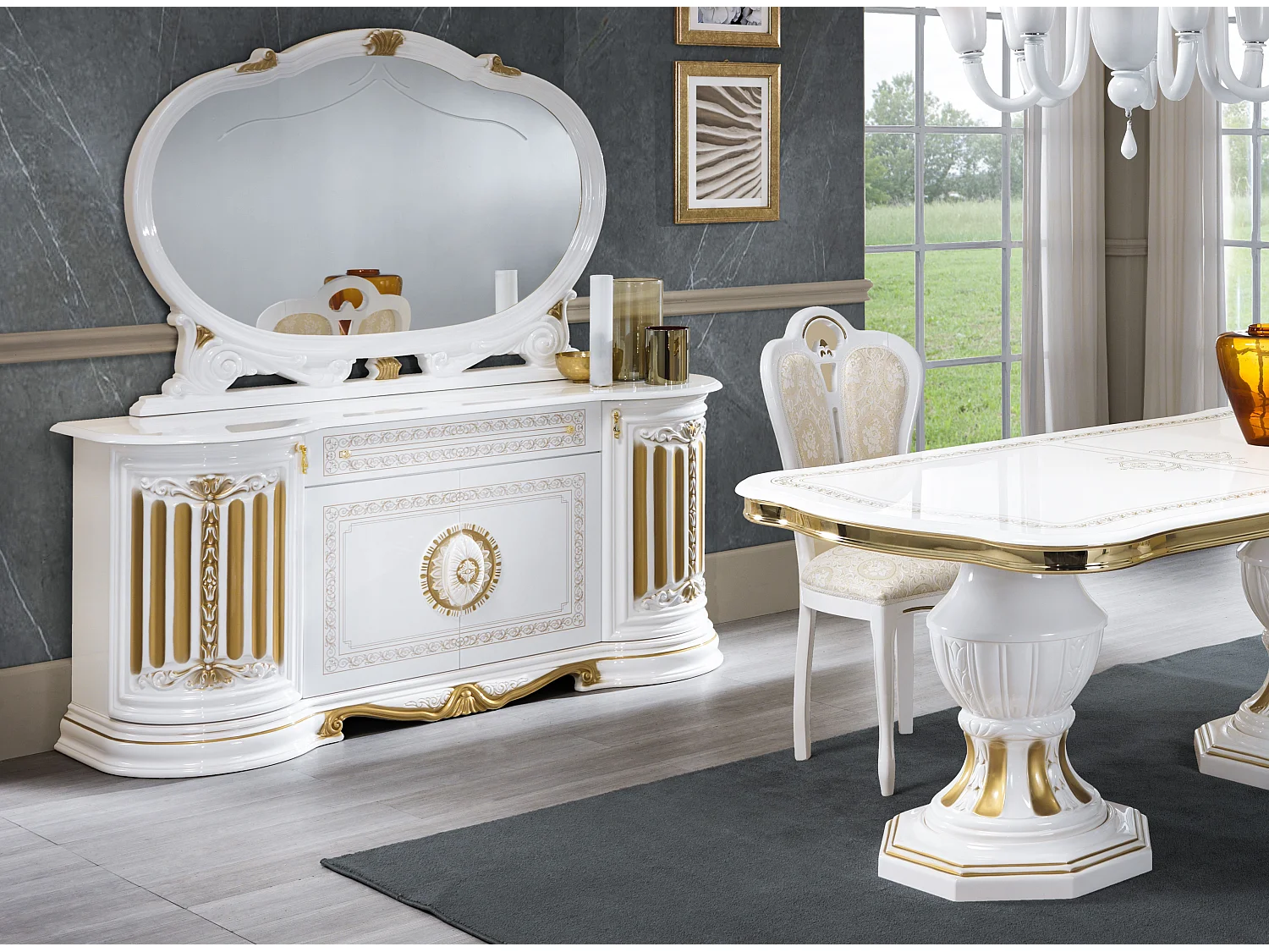 Aparador Lesly 168 cm 4 puertas, 1 cajón en madera lacada brillo y lacada oro