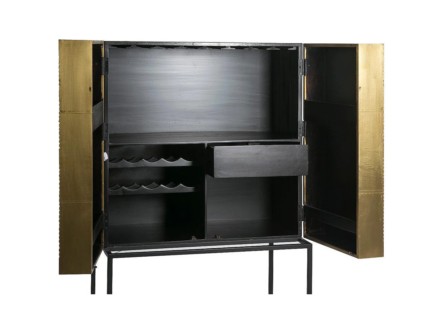 Bahut 2 portes bois foncé et doré pieds métal noir