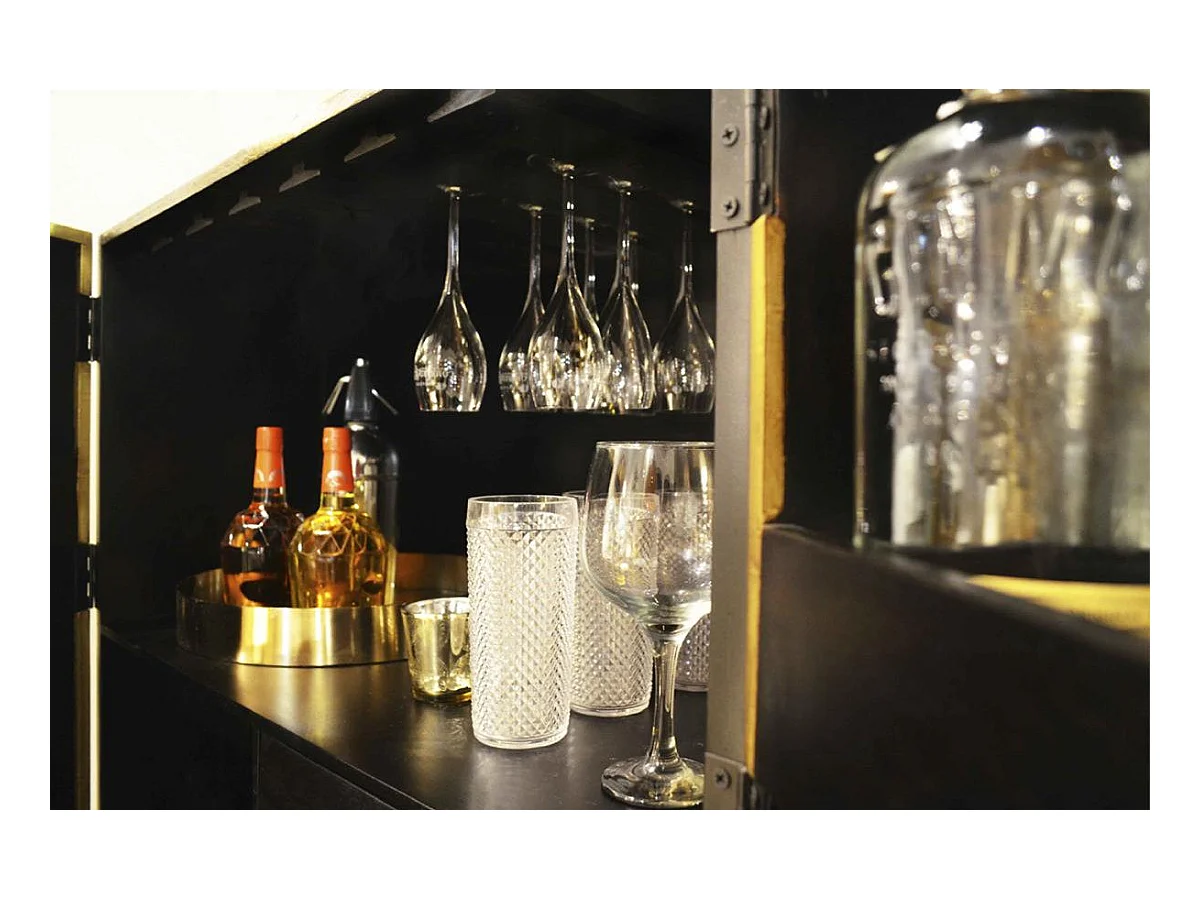 Bahut 2 portes bois foncé et doré pieds métal noir