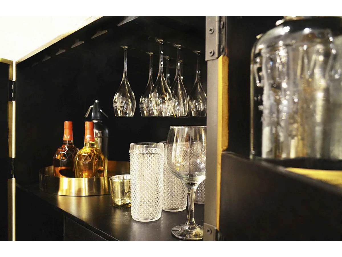 Bahut 2 portes bois foncé et doré pieds métal noir