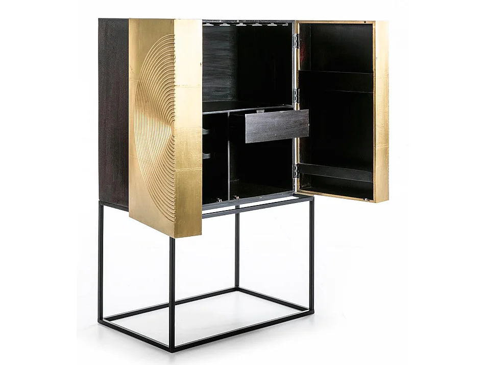 Bahut 2 portes bois foncé et doré pieds métal noir