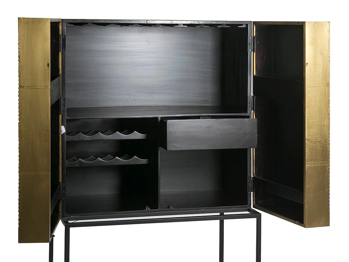 Bahut 2 portes bois foncé et doré pieds métal noir