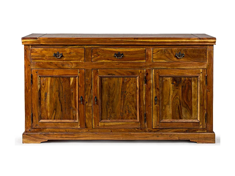 Buffet en bois d'acacia massif finition rustique marron 3 portes 3 tiroirs Kastela 160cm