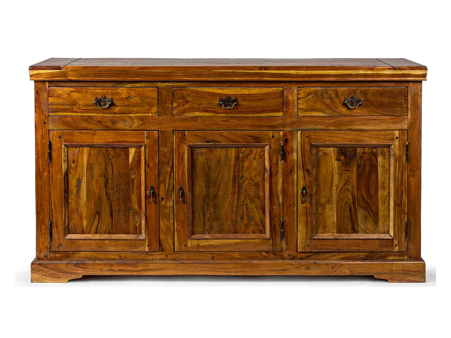 Buffet en bois d'acacia massif finition rustique marron 3 portes 3 tiroirs Kastela 160cm