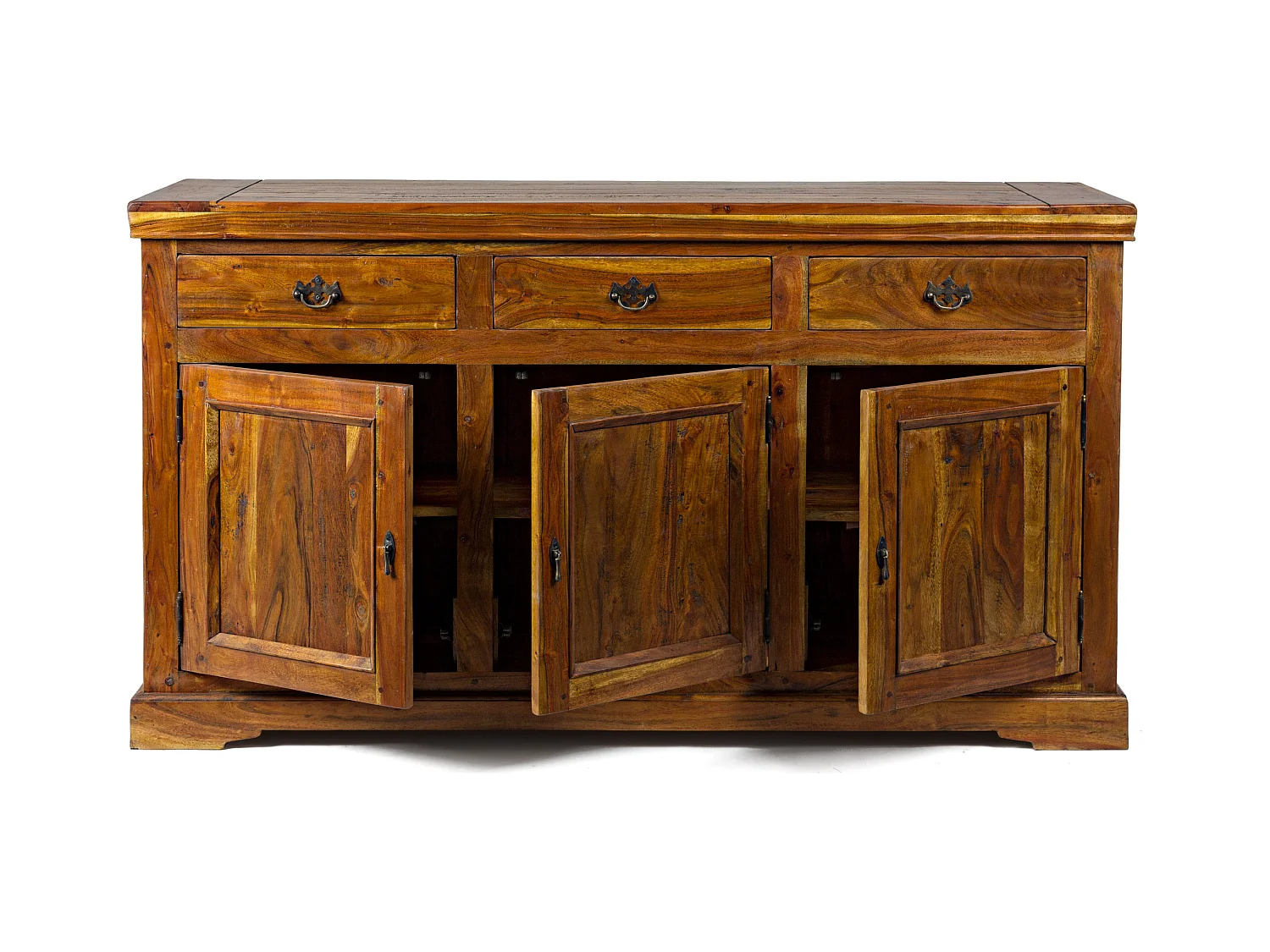 Buffet en bois d'acacia massif finition rustique marron 3 portes 3 tiroirs Kastela 160cm