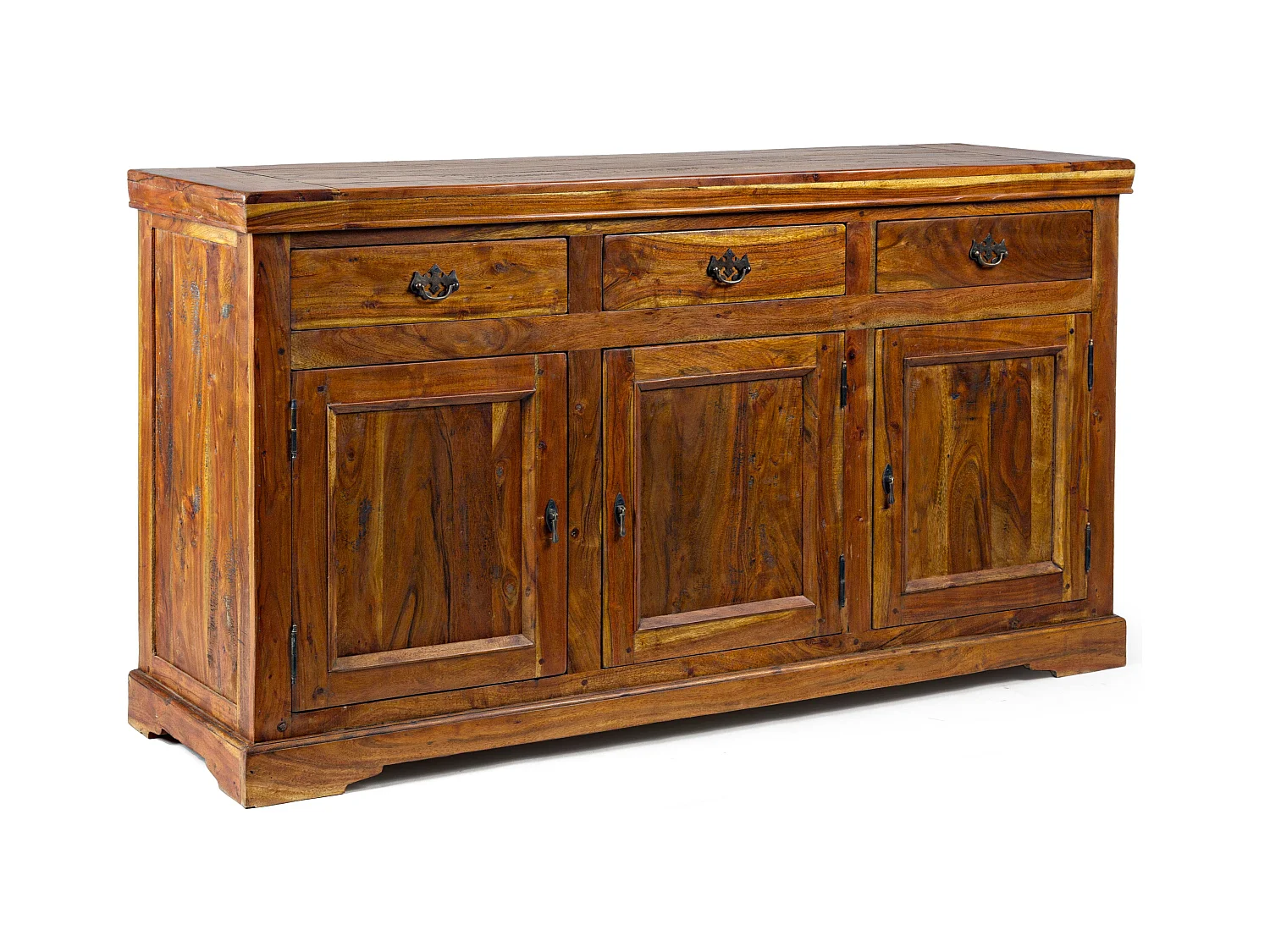 Buffet en bois d'acacia massif finition rustique marron 3 portes 3 tiroirs Kastela 160cm