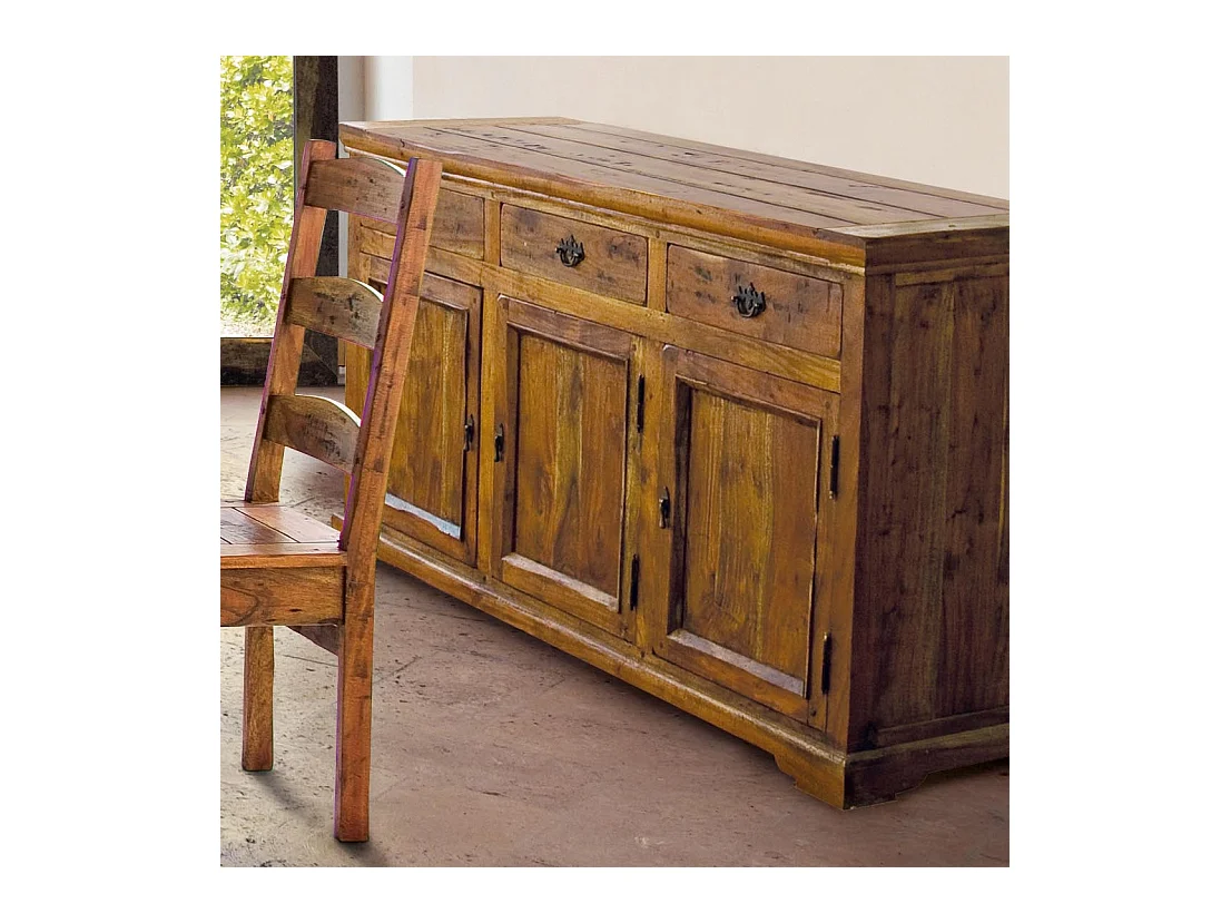Buffet en bois d'acacia massif finition rustique marron 3 portes 3 tiroirs Kastela 160cm