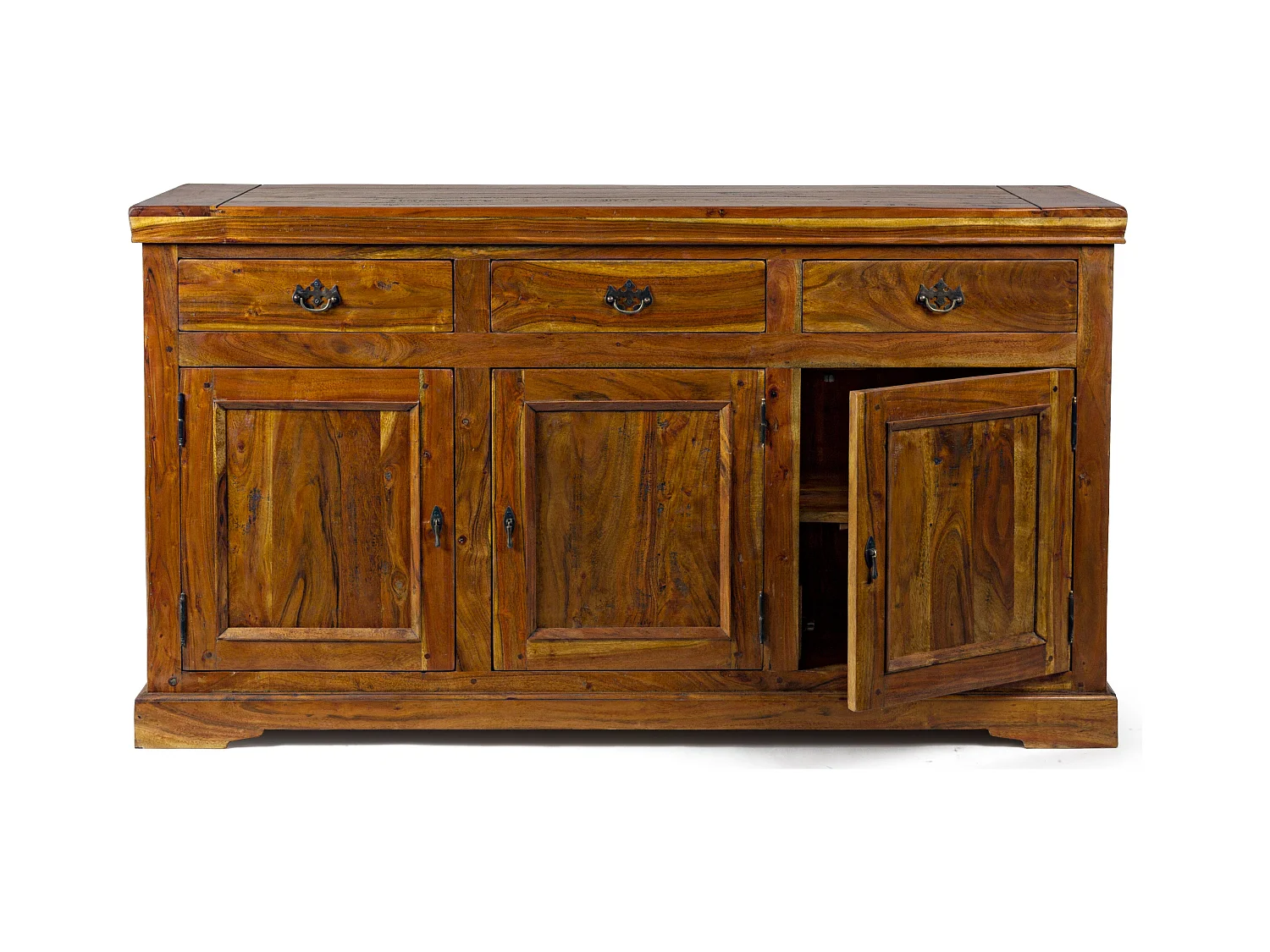 Buffet en bois d'acacia massif finition rustique marron 3 portes 3 tiroirs Kastela 160cm