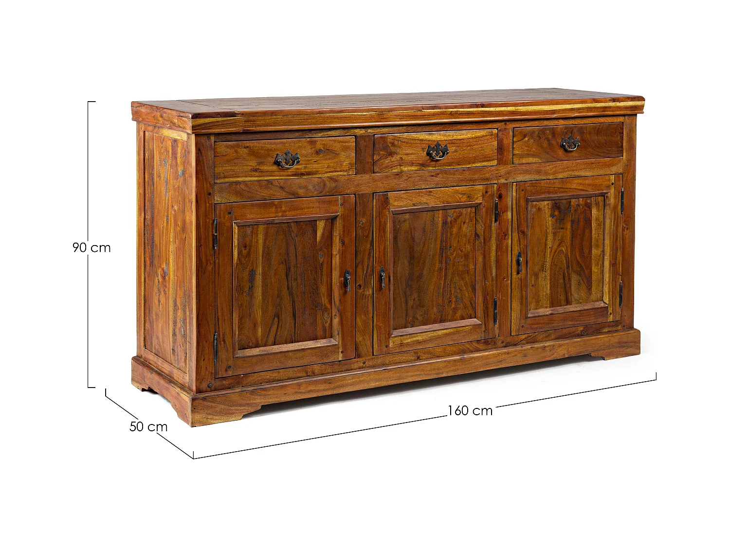 Buffet en bois d'acacia massif finition rustique marron 3 portes 3 tiroirs Kastela 160cm