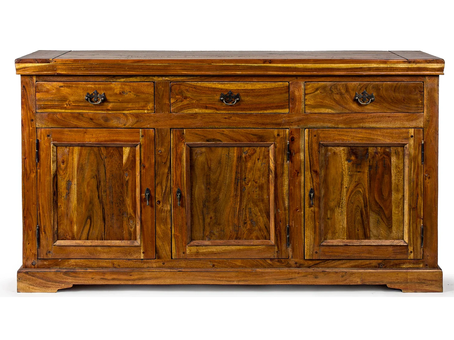 Buffet en bois d'acacia massif finition rustique marron 3 portes 3 tiroirs Kastela 160cm