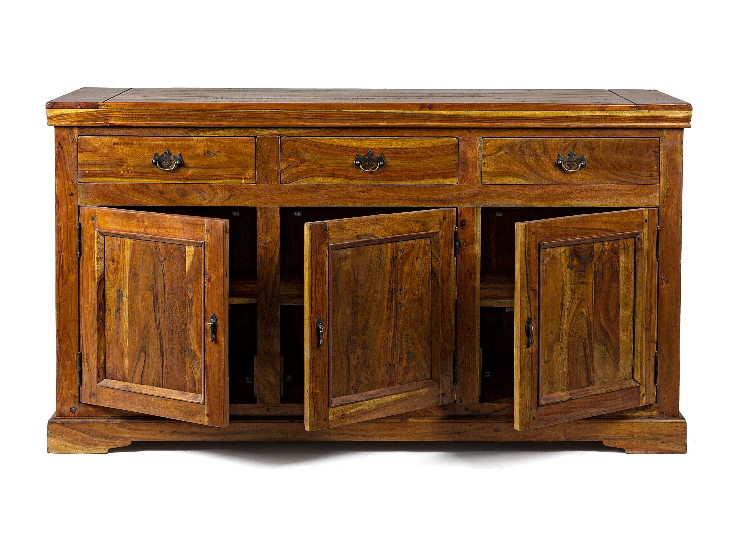 Buffet en bois d'acacia massif finition rustique marron 3 portes 3 tiroirs Kastela 160cm