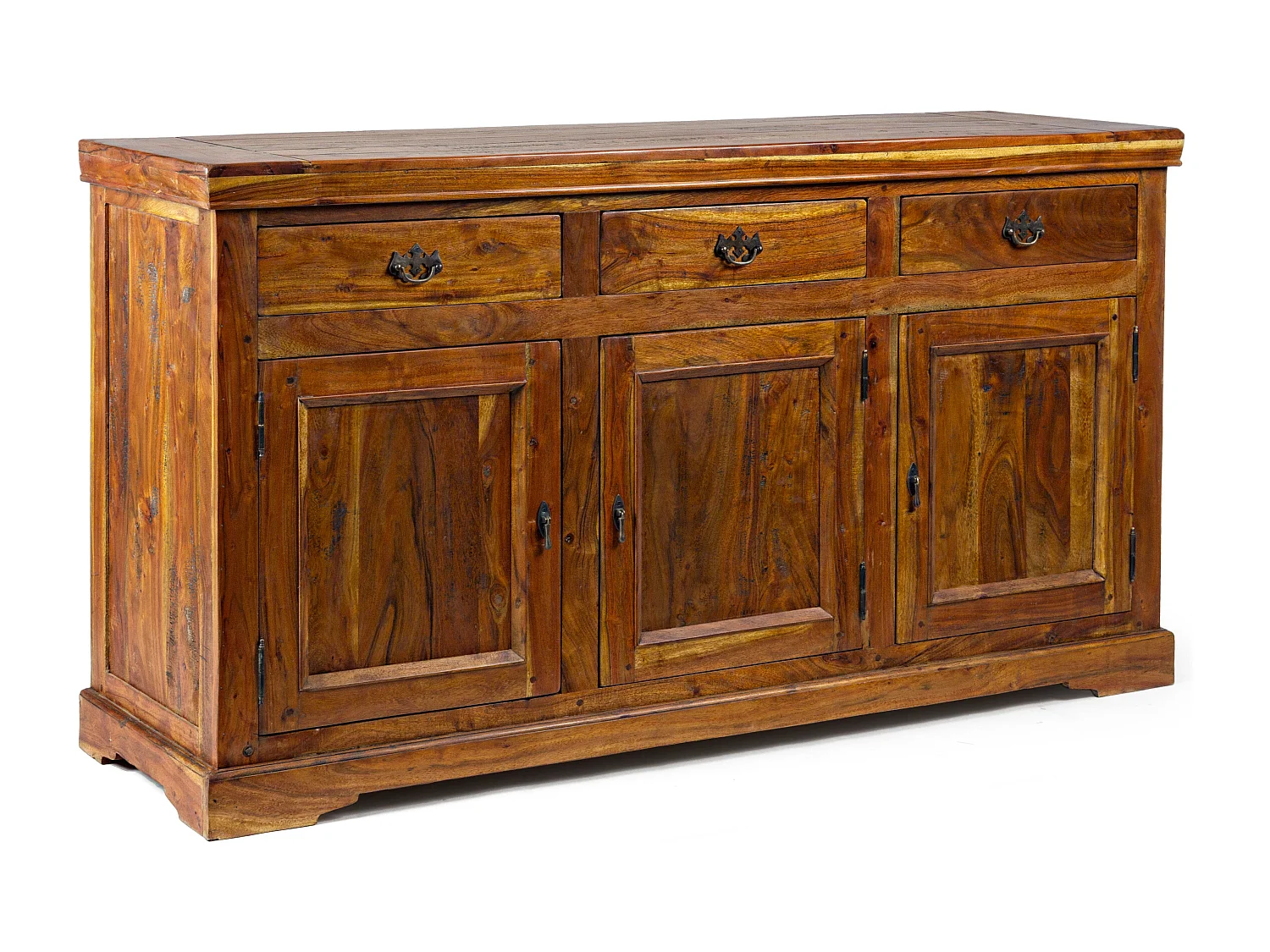 Buffet en bois d'acacia massif finition rustique marron 3 portes 3 tiroirs Kastela 160cm