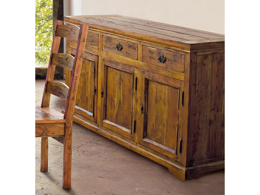 Buffet en bois d'acacia massif finition rustique marron 3 portes 3 tiroirs Kastela 160cm