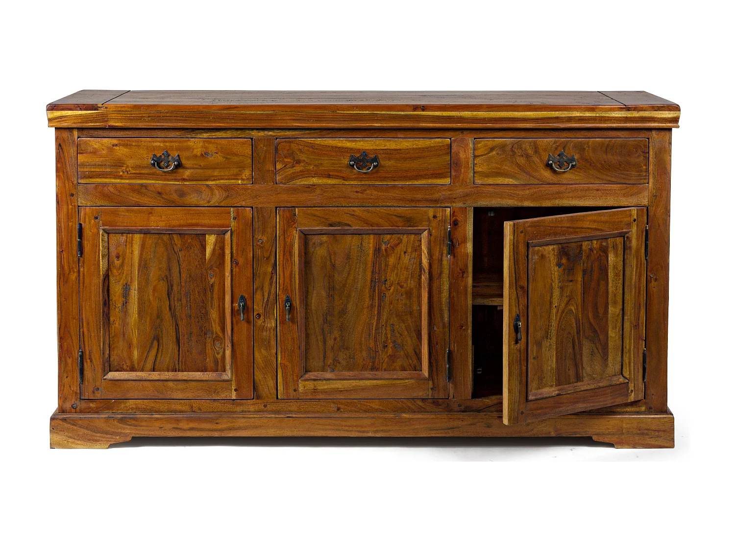 Buffet en bois d'acacia massif finition rustique marron 3 portes 3 tiroirs Kastela 160cm