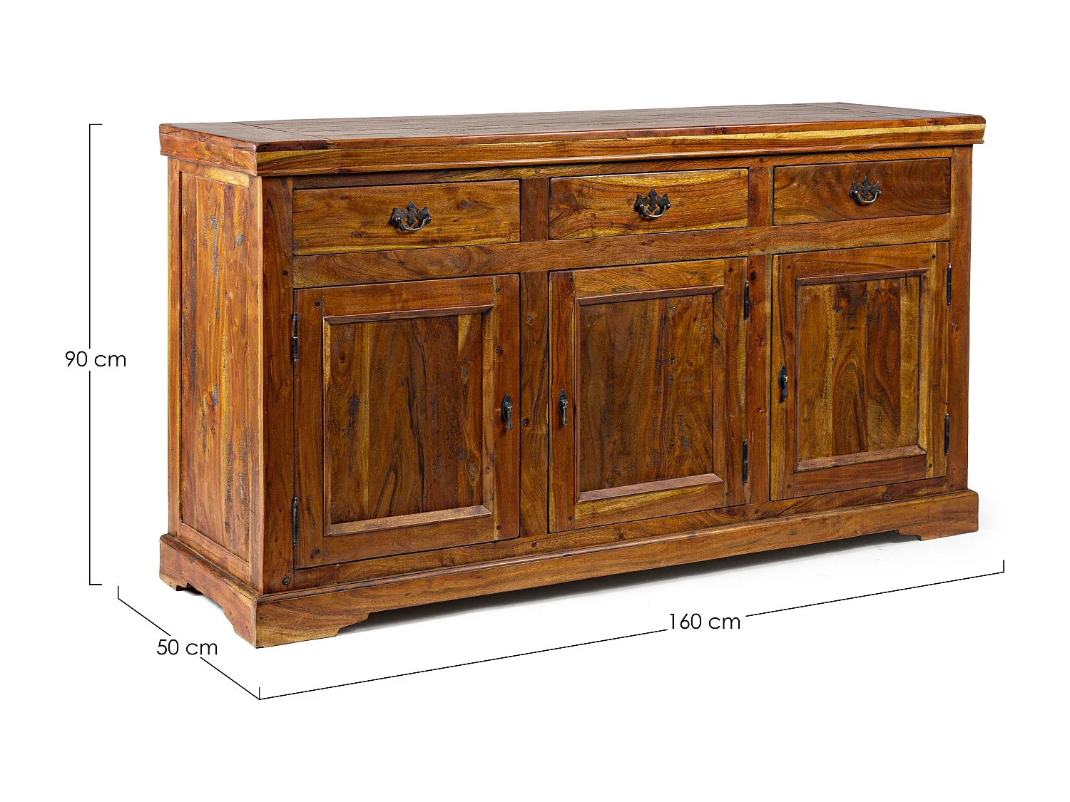 Buffet en bois d'acacia massif finition rustique marron 3 portes 3 tiroirs Kastela 160cm