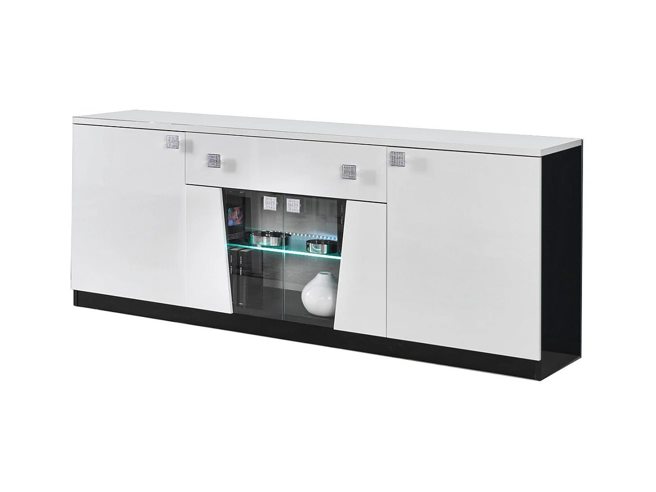 Buffet 4 portes bois blanc et noir vernis laqué brillant Bilia 190cm