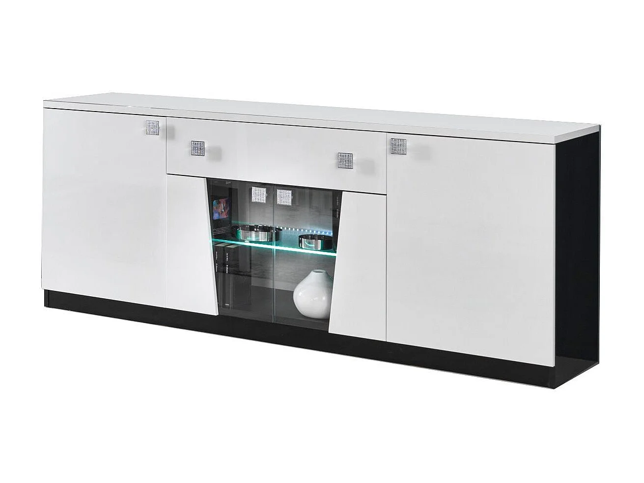 Buffet 4 portes bois blanc et noir vernis laqué brillant Bilia 190cm