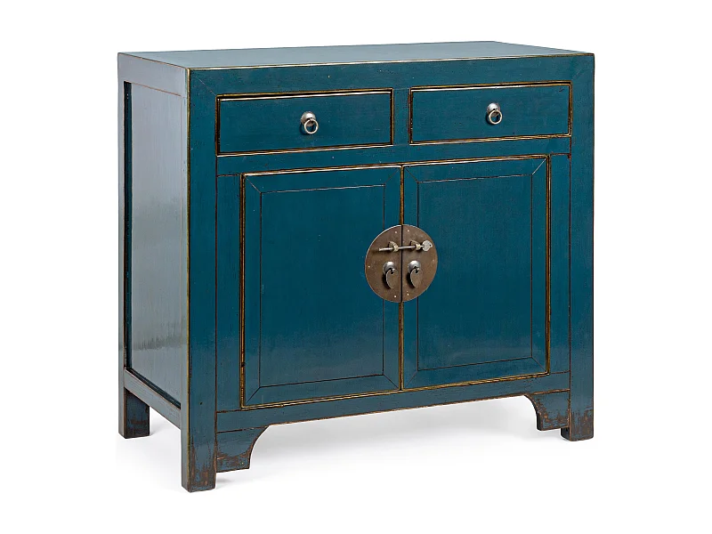 Bahut bois d'orme recyclé bleu 2 portes 2 tiroirs Gia L 91cm