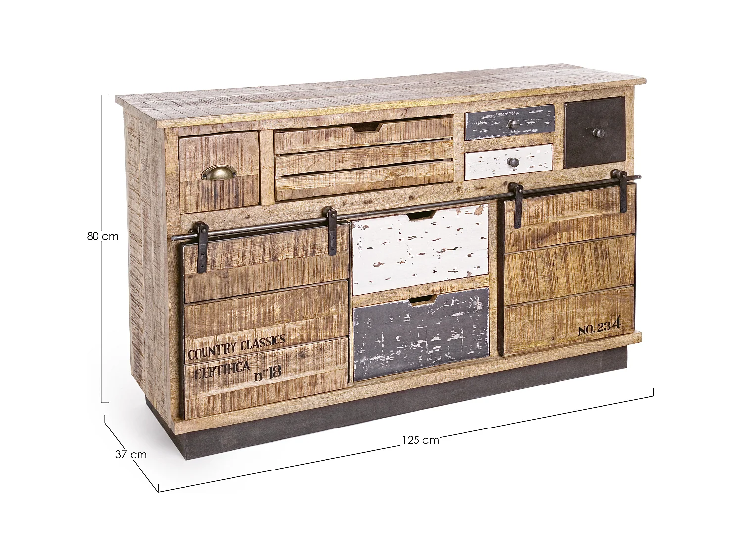 Buffet en bois de manguier 7 tiroirs 2 portes Ely L 125cm