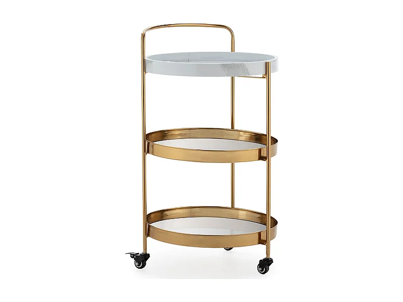 Chariot de bar ZOVA en métal, marbre artificiel et miroir – Doré & Blanc