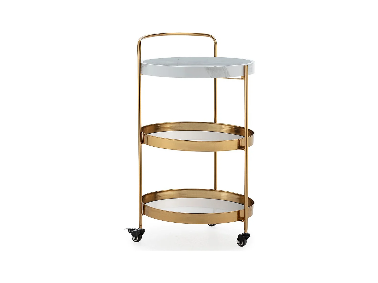 Chariot de bar ZOVA en métal, marbre artificiel et miroir – Doré & Blanc