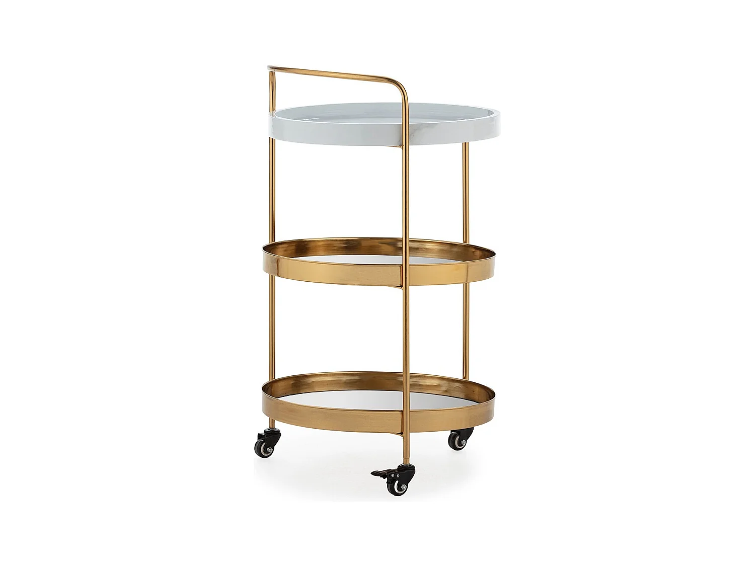 Chariot de bar ZOVA en métal, marbre artificiel et miroir – Doré & Blanc