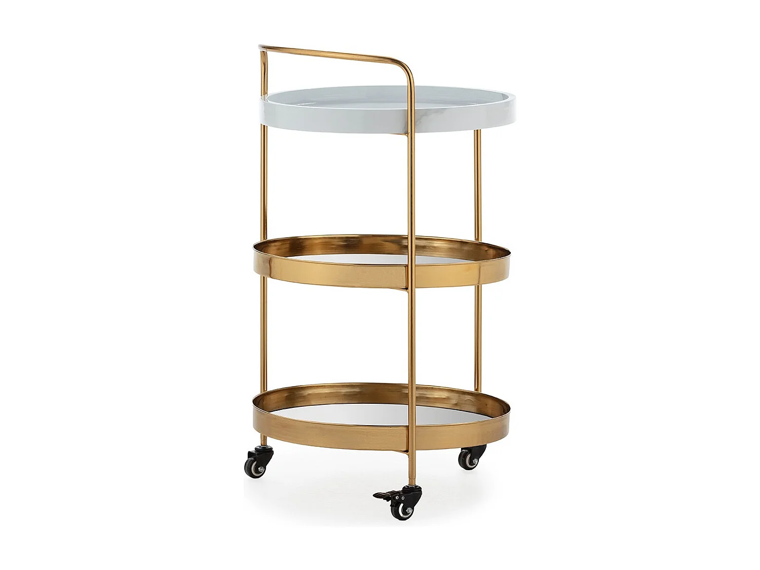Chariot de bar ZOVA en métal, marbre artificiel et miroir – Doré & Blanc