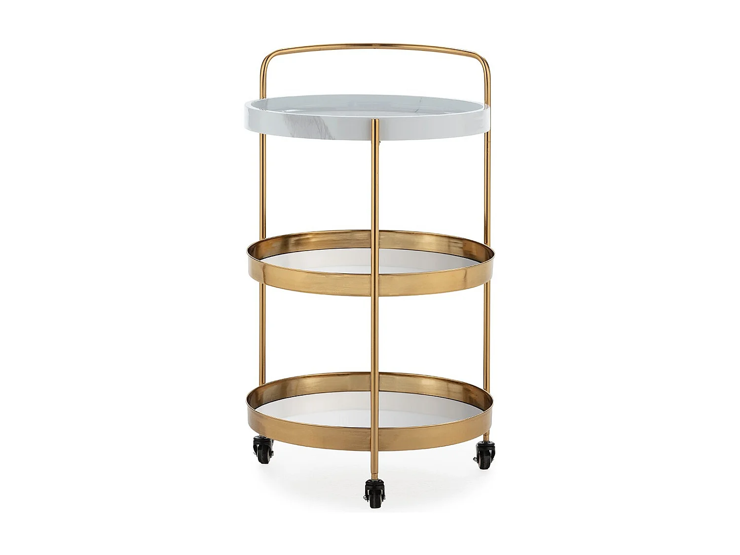 Chariot de bar ZOVA en métal, marbre artificiel et miroir – Doré & Blanc